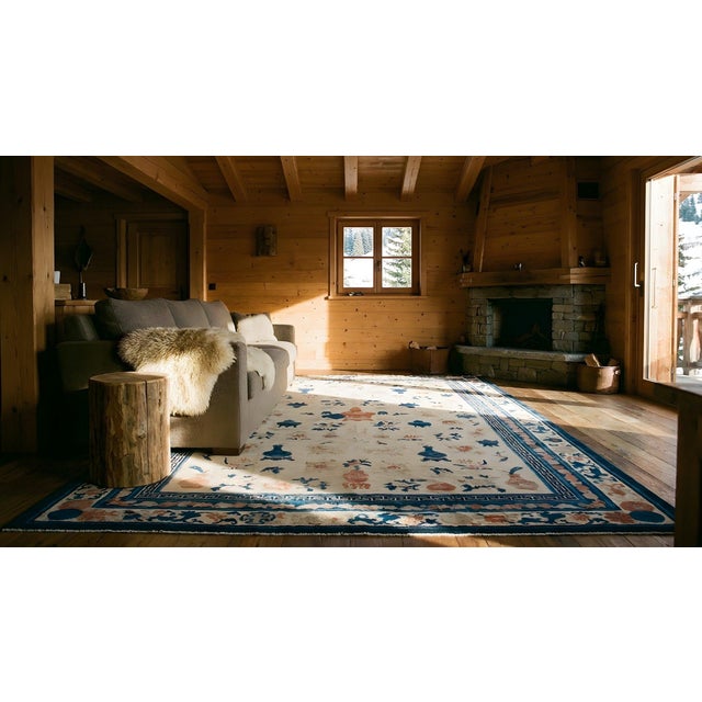 Delightful Ivory and Blue Color With Unique Chinoiserie Design Antique Chinese Ningxia Rug For Sale - Image 13 of 15