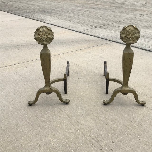 A pair of early 19th Century Hand Forged flower Andirons Chenets. Molded inscriptions on reverse, "2909-3" and "HOWES"...