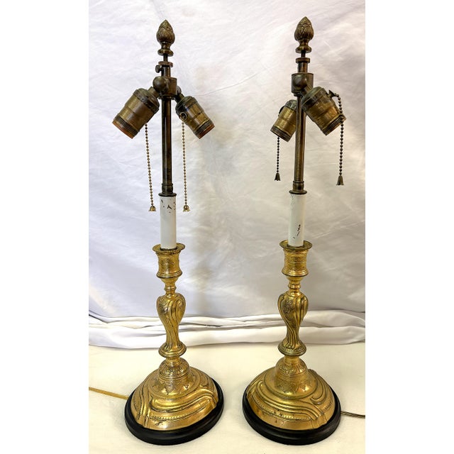 Antique French Art Nouveau Embossed Brass Candlestick Lamps- A Pair For Sale In West Palm - Image 6 of 18