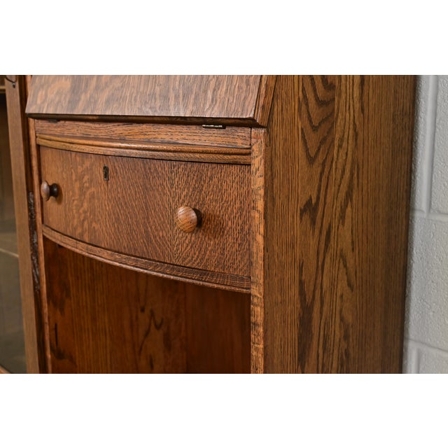 Antique Victorian Carved Tiger Oak Side-by-Side Bookcase With Drop Front Secretary Desk by Larkin Co., Circa 1900 For Sale - Image 9 of 16