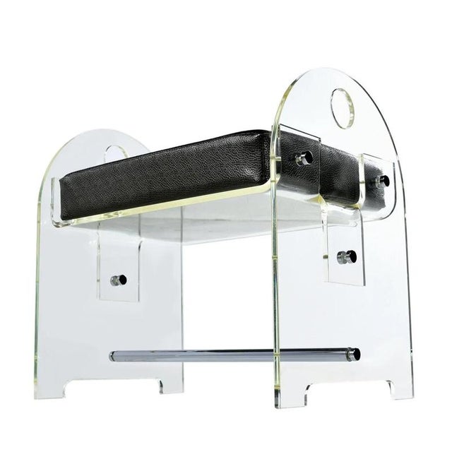 Acrylic Glass Vanity Stool Bench with New Faux Snakeskin Upholstery, 1970 For Sale - Image 3 of 7