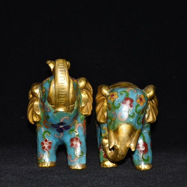 Vintage Pair of Chinese Cloisonne Enamel Elephants - Gilt Bronze Figures For Sale - Image 4 of 9