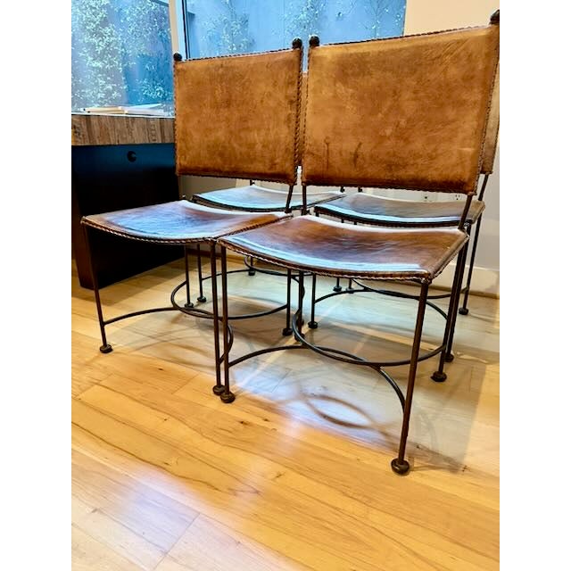Brutalist Late 20th Century Brutalist Hand-Tooled Iron and Leather Chairs - Set of 4 For Sale - Image 3 of 3