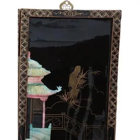 Antique Mid-Century Chinese Black Lacquer Wall Panels: Set of 4 With Raised Hardstone and Mother-of-Pearl Inlay For Sale - Image 12 of 16