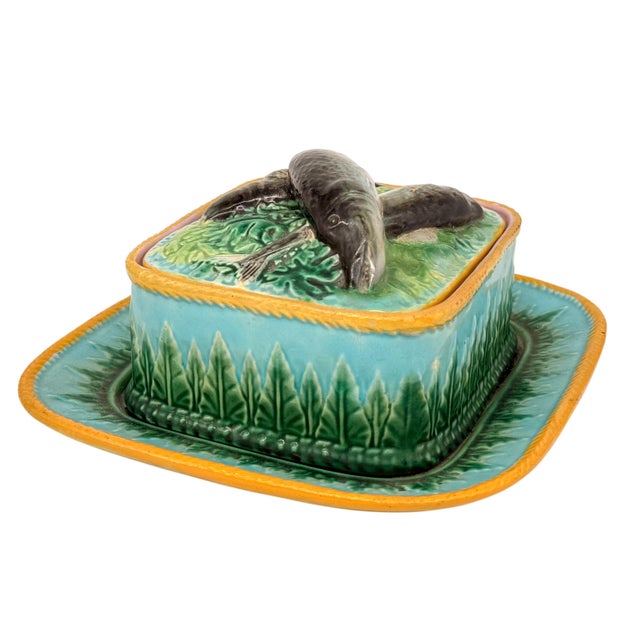 George Jones Majolica Sardine box on a turquoise-blue ground, English, ca. 1870, the box molded with green acanthus...