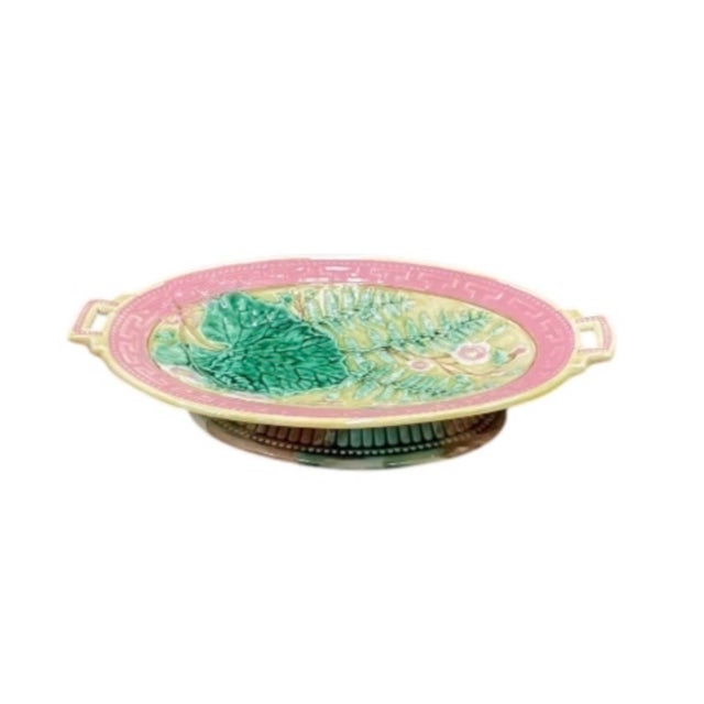 Ceramic Antique Victorian Majolica Oval Pedestal Dish With Botanical & Greek Key Motif For Sale - Image 7 of 12