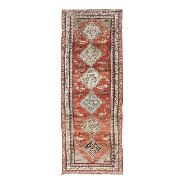 Antique Kurdish Runner With Rusty Red Background and Medallions Tribal Motifs 3'5 X 10'1 For Sale