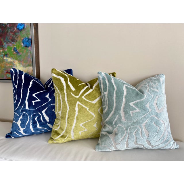 Abstract Sage Green Velvet Pillow With Feather Down Insert For Sale - Image 3 of 5