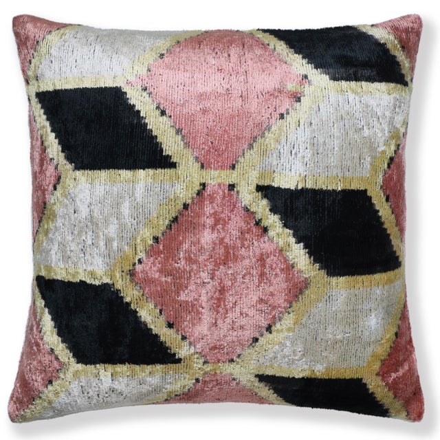 Mid-Century Modern Blush Geometric Silk Velvet Throw Pillow 16x16 | Handmade Pink & Black Designer Accent Pillow For Sale - Image 3 of 8
