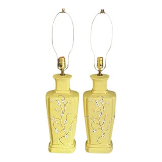 Mid-Century Porcelain, Pale Yellow Table Lamps, Raised Chinoiserie Floral Design, Pair For Sale