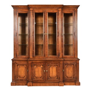 Baker Furniture Style French Regency Carved Walnut Lighted Breakfront Bookcase Cabinet For Sale