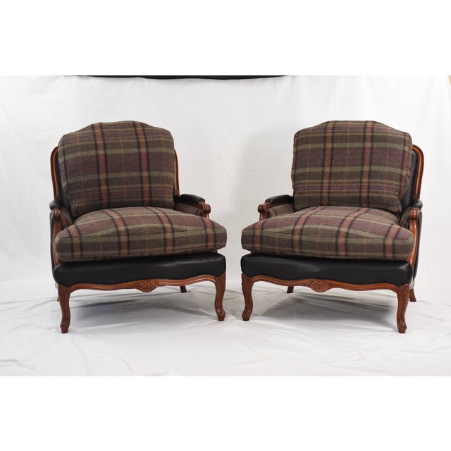 Set of Ralph Lauren Wool and Leather on Oversized Vintage Louis XV Chairs and Ottoman For Sale - Image 11 of 17