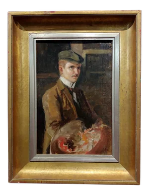 French Artist Self-Portrait - 1920s Oil Painting on Canvas