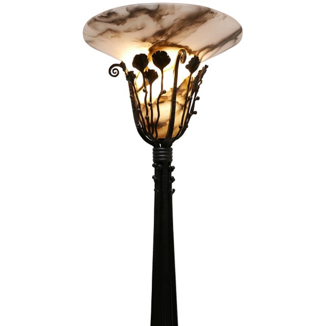 Art Deco Wrought Iron Floor Lamp with Alabaster Shade, French, circa 1920 For Sale - Image 10 of 12