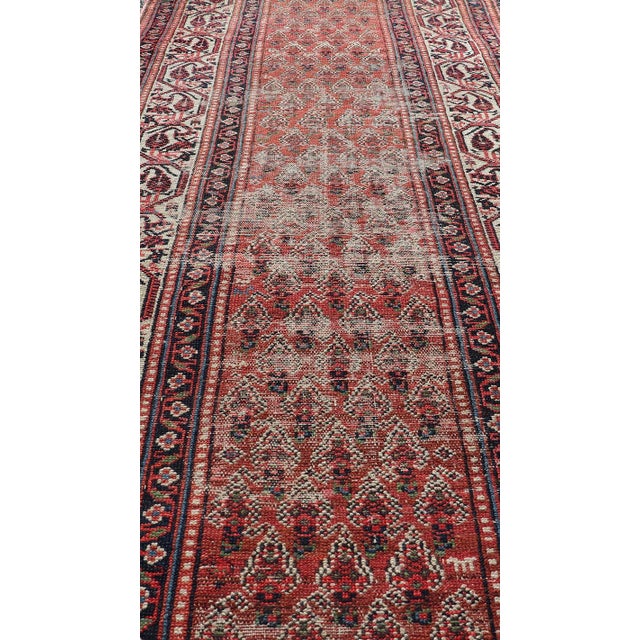 Distressed Antique Persian Malayer Runner With Field of Paisleys Design in Red 3'2"x15'2" For Sale In Atlanta - Image 6 of 12