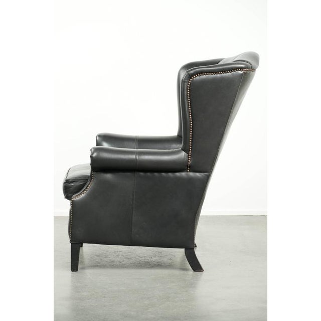 English Style Black Cowhide Wing Armchair For Sale - Image 5 of 15