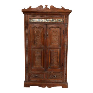 Midcentury Antique Spanish Style Carved Cabinet With Hand-Painted Tiles For Sale