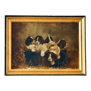 Sporting Oil Painting of Spaniel Puppies in a Basket - Early 20th Century For Sale