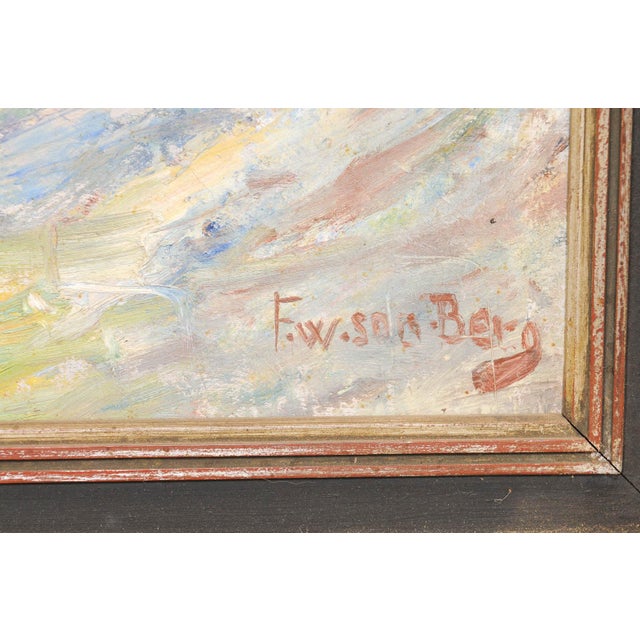 Sky Blue Swedish Painting of Bridge Over Water, 1950 For Sale - Image 8 of 12
