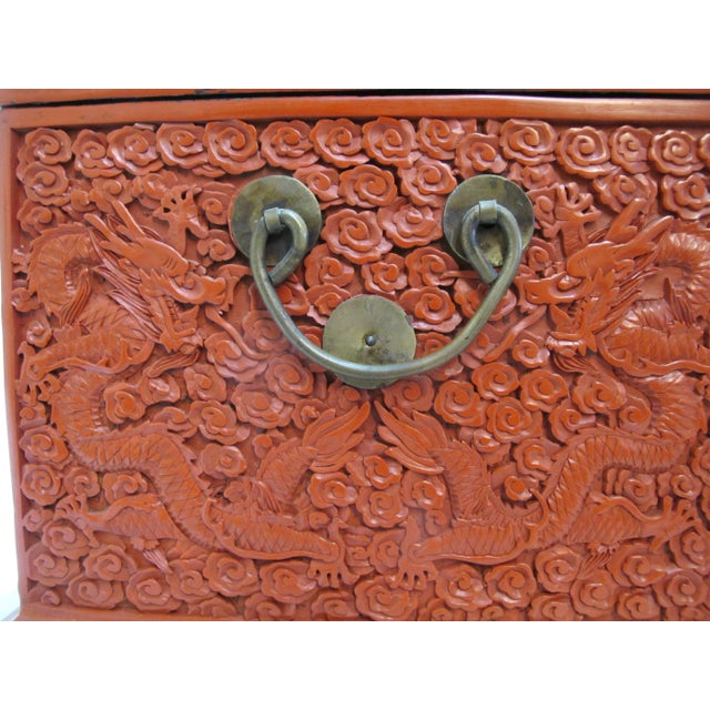 Large Chinese Cinnabar Lacquer Heavily Carved Dragon Motif Wood Box Chest For Sale - Image 13 of 16