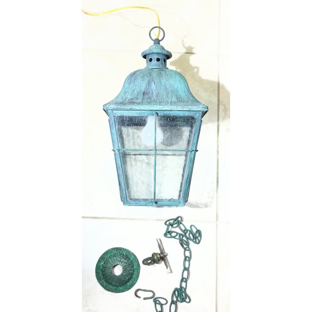 Metal Vintage-Style Hand-Painted Verdigris Metal Hanging Pendant Lantern - 19”x10x10 For Sale - Image 7 of 11