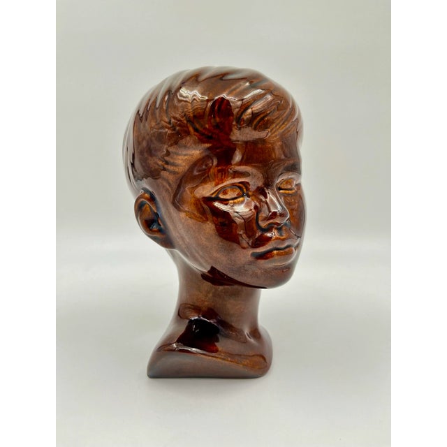 1970s Brown Glazed Ceramic Bust of a Boy For Sale - Image 10 of 12