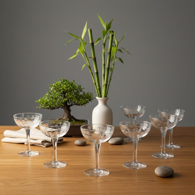 Noritake Vintage Sasaki Noritake Bamboo Etched Crystal Champagne Coupe Glasses - Set 7 For Sale - Image 4 of 10