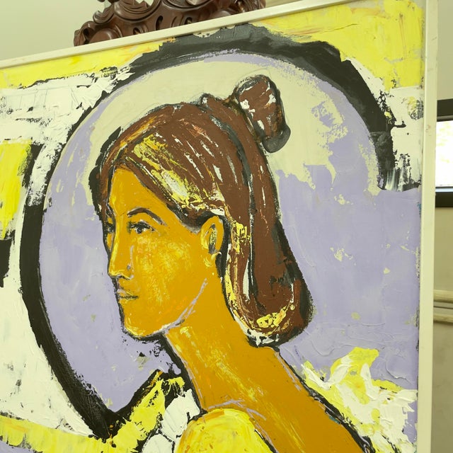 This original oil portrait presents a stylized female figure rendered in a sophisticated mid-century modern idiom....