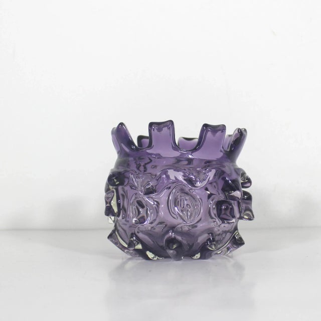 Glass Vintage Brutalist Art Glass Vase Bowl Modernist Hand Blown Purple Amethyst For Sale - Image 7 of 9
