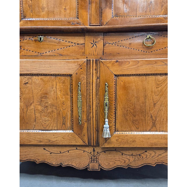 Brown Antique French Elm Deux Corps Buffet Cabinet With Inlay and Fitted Interior For Sale - Image 8 of 18