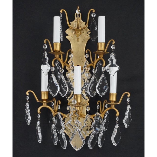 Metal Mid 20th Century Pair of Restored French Plaza Hotel Crystal Wall Sconces For Sale - Image 7 of 10