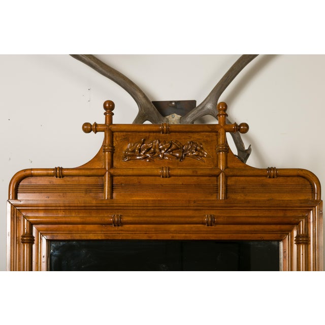 Large English Faux-Bamboo Walnut Mirror Made of 1900s Doors with Carved Ivy For Sale In Atlanta - Image 6 of 12