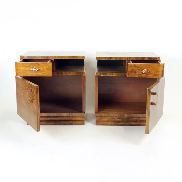Wood Art Deco Bedside Tables in Walnut, Czechoslovakia, 1930s, Set of 2 For Sale - Image 7 of 14