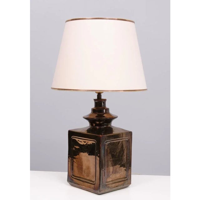 Love this fantastic beautiful Table lamp . Brown high gloss craquelure ceramic base. Square shaped Handmade and signed AW...