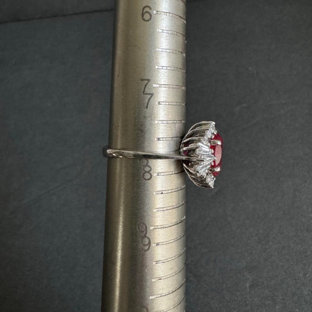 Vintage Faux Ruby Cocktail Ring Pear Baguette Sterling Silver Cubic Zirconia Halo Cluster Size 8 For Sale - Image 10 of 11