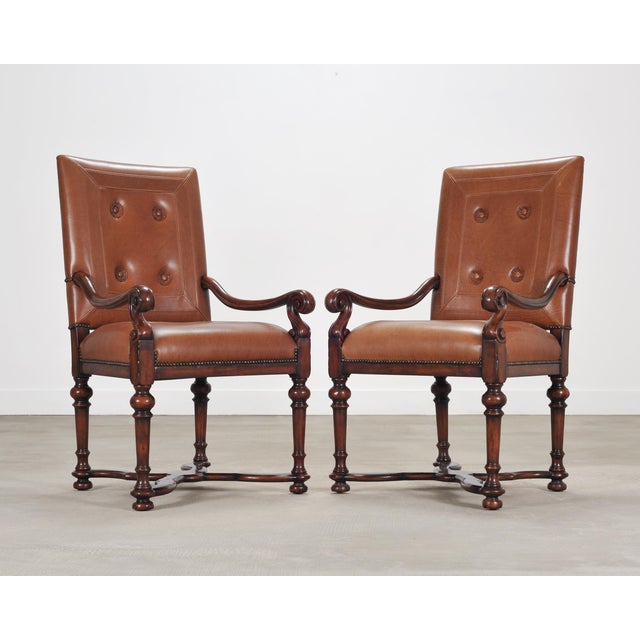 Wood Pair of Louis XIII Baroque Style Mahogany Leather Armchairs For Sale - Image 7 of 18