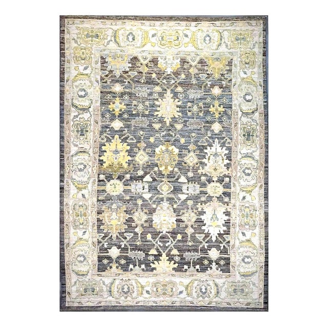 21st Century Turkish Oushak Wool 9x14 Charcoal, Ivory & Yellow Handmade Area Rug #1144102 For Sale