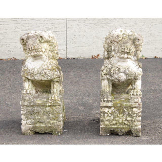 Early 20th Century Chinese Marble Foo Dog Guardian Statues A Pair