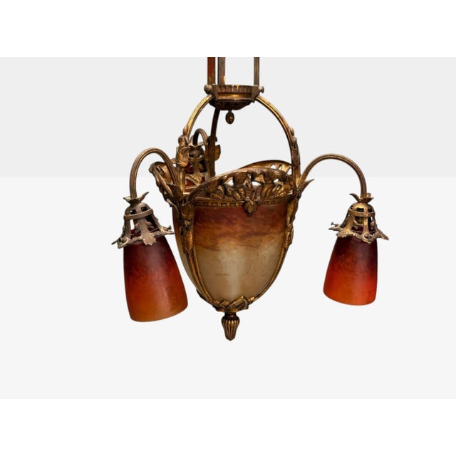 Metal Muller Frères, French Art Deco, Bronze, Glass, Chandelier, France, 1920s For Sale - Image 7 of 10
