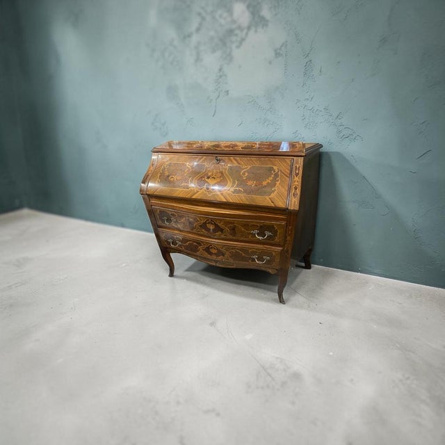 Italian Marquetry Bombe Secretaire Desk with Drop-Front, 1950s For Sale - Image 3 of 17