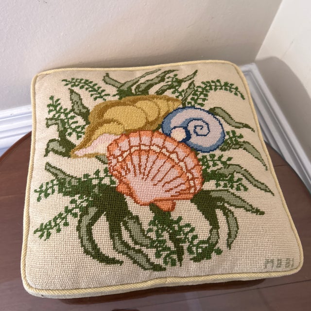 1970s Vintage Costal Needlepoint Shell Pillow For Sale - Image 5 of 11