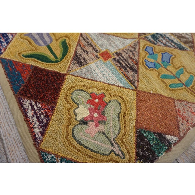 Very Pretty Multi Colored Floral Tumbling Block Pattern Set on a a Light Yellow Tan Background Vintage Signed Sg and Dated 1950 American Hooked Rug For Sale - Image 11 of 15