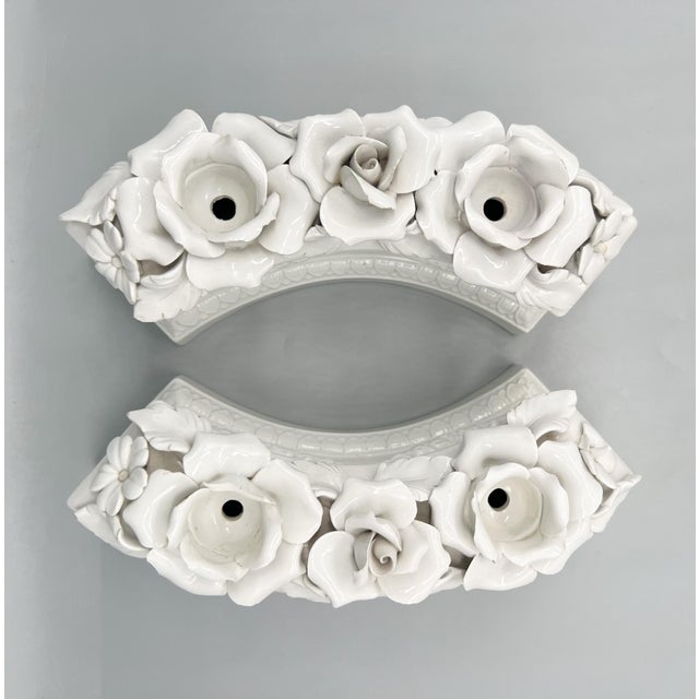 Italian White Glazed Ceramic Floral Double Candle Holders — Hollywood Regency / Neoclassical For Sale - Image 9 of 15
