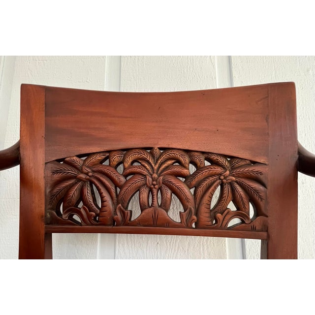 1990s Pair of Mahogany Counter Stools-Woven Rush Seat-Ornate Carving Back-High Quality Special Armchairs For Sale - Image 9 of 11