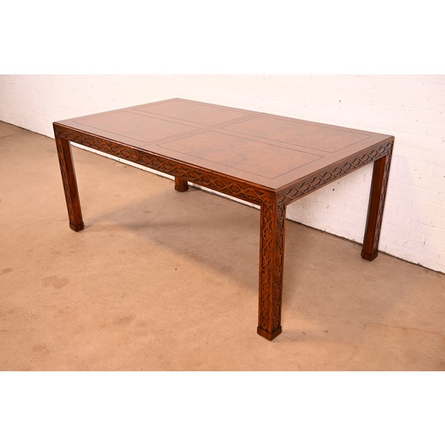 Henredon Mid-Century Modern Hollywood Regency Oak and Burl Wood Extension Dining Table, Newly Refinished For Sale - Image 10 of 15