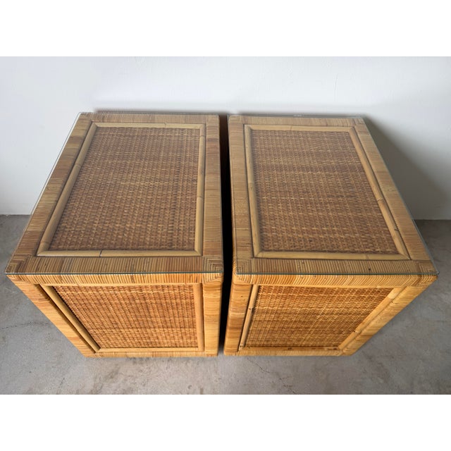 Vintage Coastal Palm Beach Rattan & Woven Cane Nightstands With Glass Tops — A Pair For Sale - Image 9 of 12