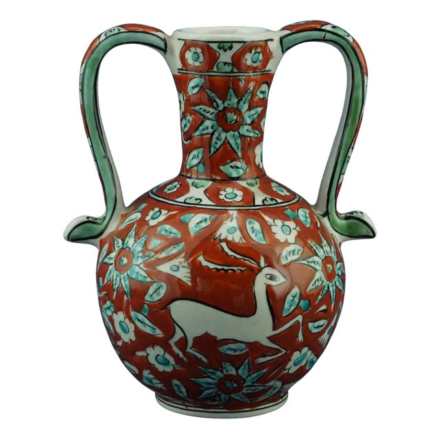 20th Century Ceramic Vase with Iznik Decoration and Stylized Ibex by Icarus Rhodes, Greece, 1950s For Sale