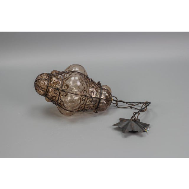 Italian Venetian Amber Smoke Coloured Clear Murano Glass Caged Hanging Lantern, 1950s For Sale - Image 14 of 18