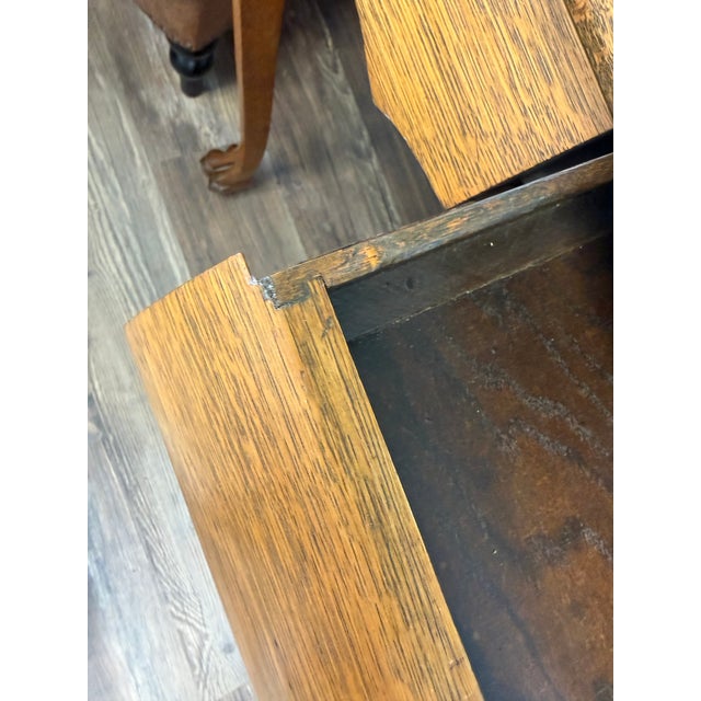 Vintage Tiger Oak Writing Desk With Ball-and-Claw Feet & Cabriole Legs | Glass-Protected Top For Sale - Image 4 of 5