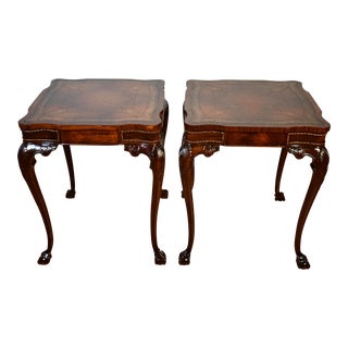 1930s Pair of Chippendale Mahogany & Leather Top Side Tables / End Tables For Sale